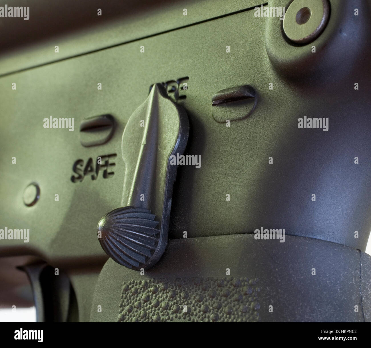 Safety that is disengaged on an Ar15 assault rifle Stock Photo