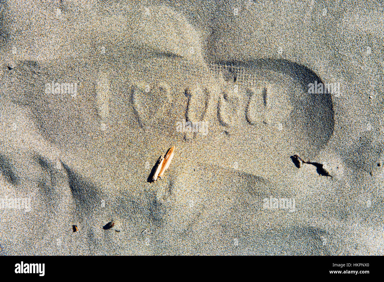 Footprint says I Love You.  Kalaloch Beach State Park, Washington.  Beaches in the Kalaloch area of Olympic National Park, identified by trail numbers Stock Photo