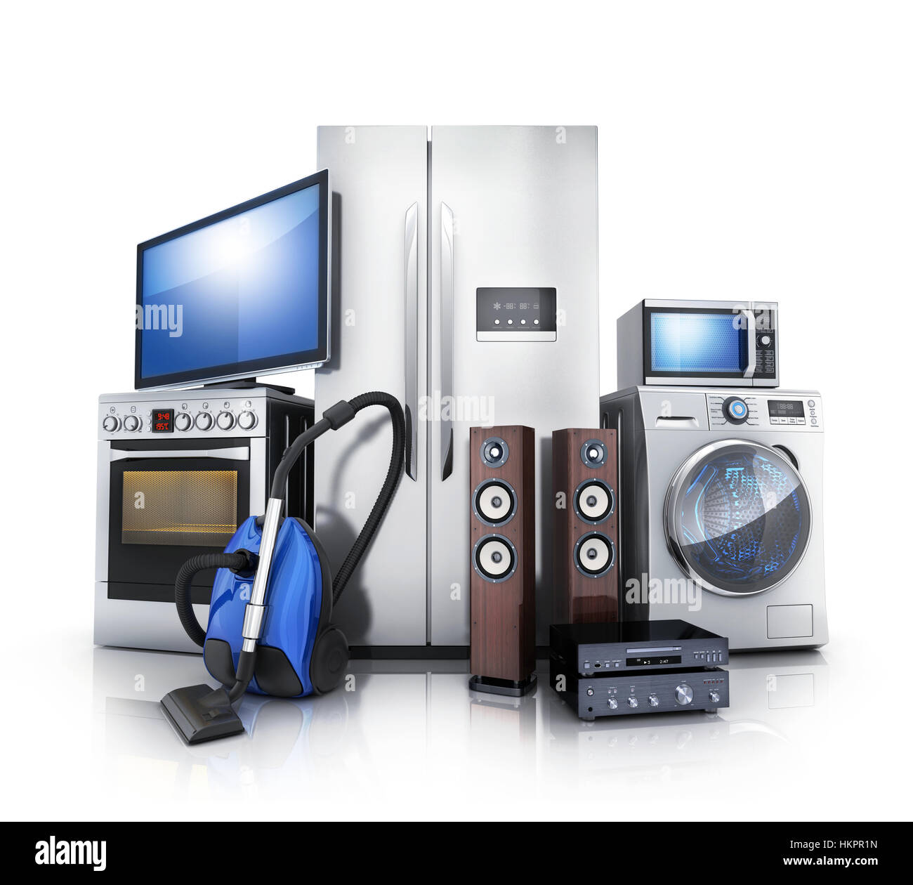 Consumer and home electronics.TV,Fridge,vacuum cleaner,microwave,washer and electric-cooker. 3d illustration Stock Photo