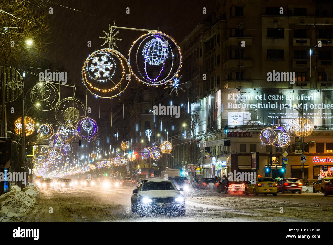 BUCHAREST, ROMANIA - JANUARY 08, 2017: Hard Traffic During Winter Snow ...