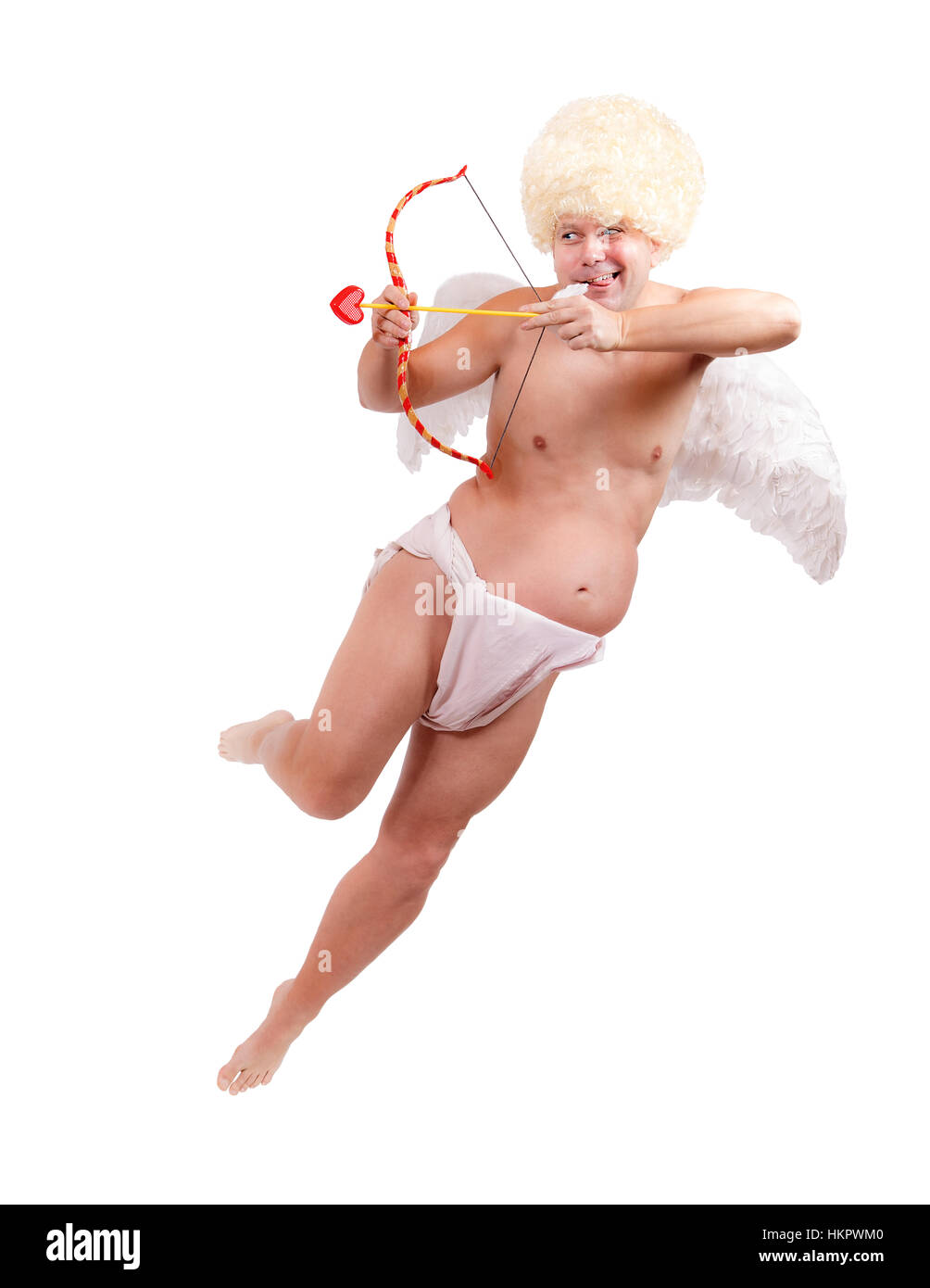 Funny angel with arrow flying isolated on white background Stock Photo