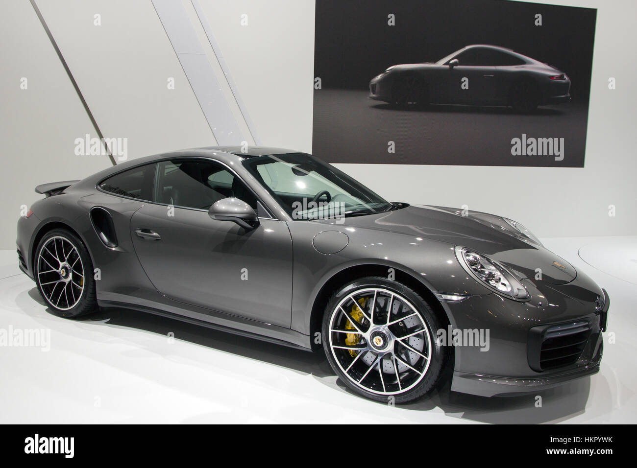 BRUSSELS - JAN 12, 2016: New Porsche 911 Turbo S on display at the Brussels Motor Show. Stock Photo