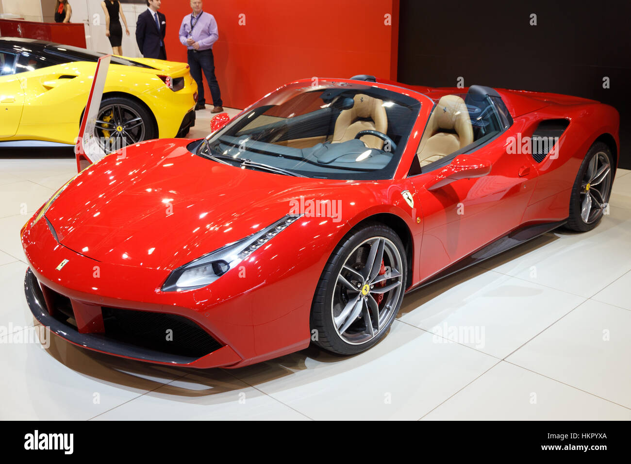 BRUSSELS - JAN 12, 2016: Red Ferrari 488 Spider sports car shown at the Brussels Motor Show. Stock Photo