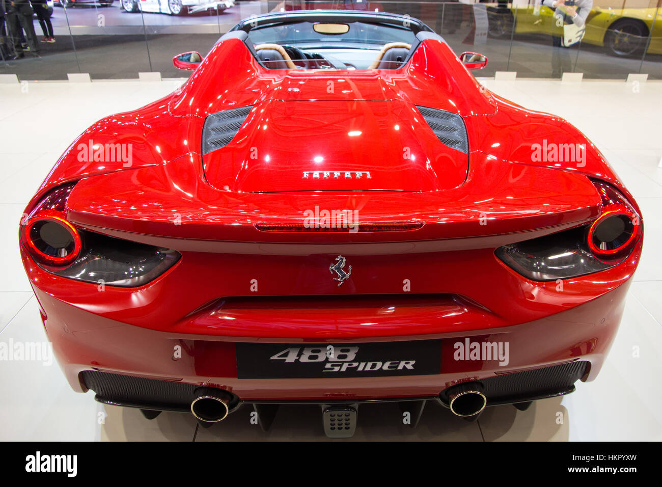 BRUSSELS - JAN 12, 2016: Red Ferrari 488 Spider sports car shown at the Brussels Motor Show. Stock Photo