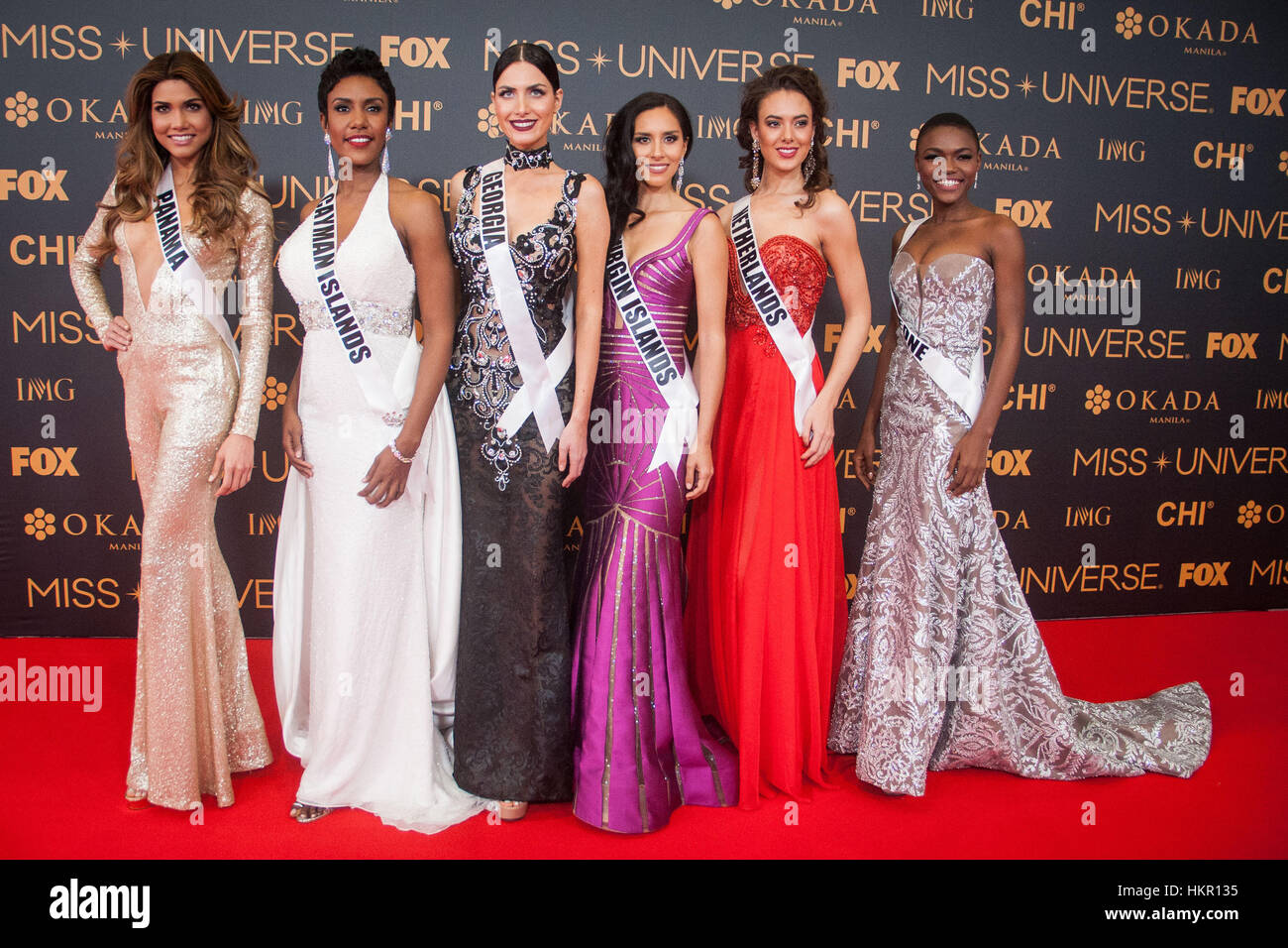 Pasay, Philippines. 29th Jan, 2017. Miss Panama, Miss Cayman Islands, Miss Georgia, Miss U.S. Virgin Islands, Miss Netherlands, and Miss Sierra Leone pose for a photo at the SMX in Pasay CIty. Miss Universe candidates walked the red carpet at the SMX in Pasay City a day before the coronation. Credit: J Gerard Seguia/Pacific Press/Alamy Live News Stock Photo