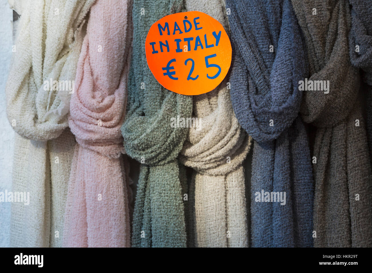 Scarves for sale made in Italy at Burano, Venice, Italy in January