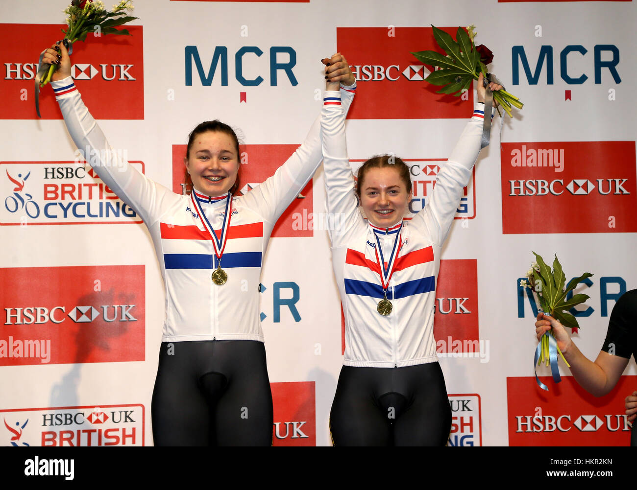 Winners of the Women's Team Sprint Team Terminator's Lauren Bate-Lowe and Sophie Capewell celebrate on the podium during day three of the HSBC UK British Cycling National Track Championships at the National Cycling Centre, Manchester. Stock Photo