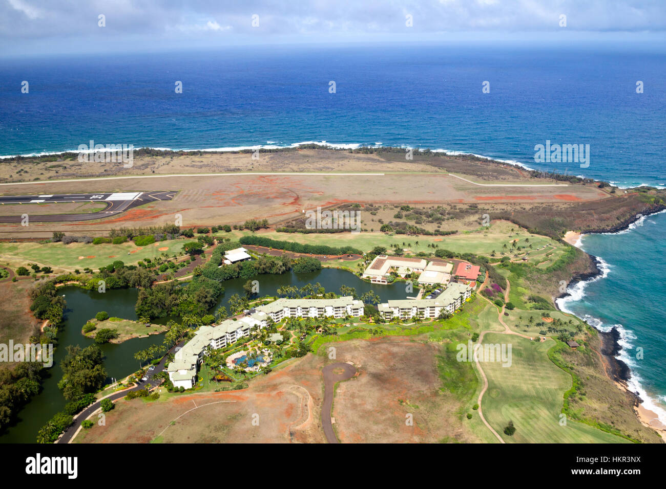 Aerial view of the Kauai Marriot Resort near the airport of Lihue, Kauai, Hawaii, USA. Stock Photo