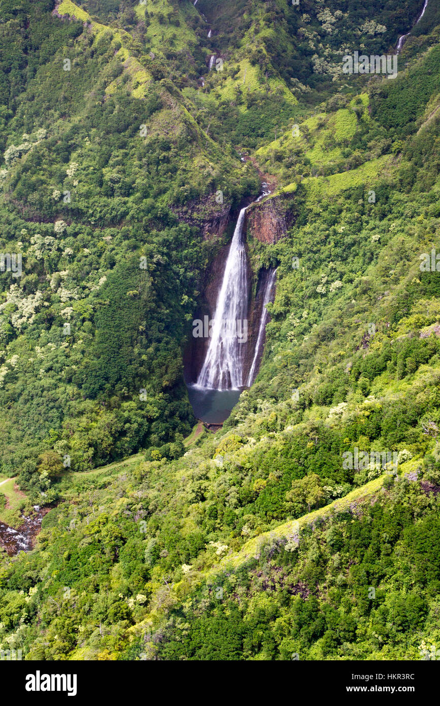 Aerial view of waterfalls in the moutains in Kauai, Hawaii, USA. Stock Photo