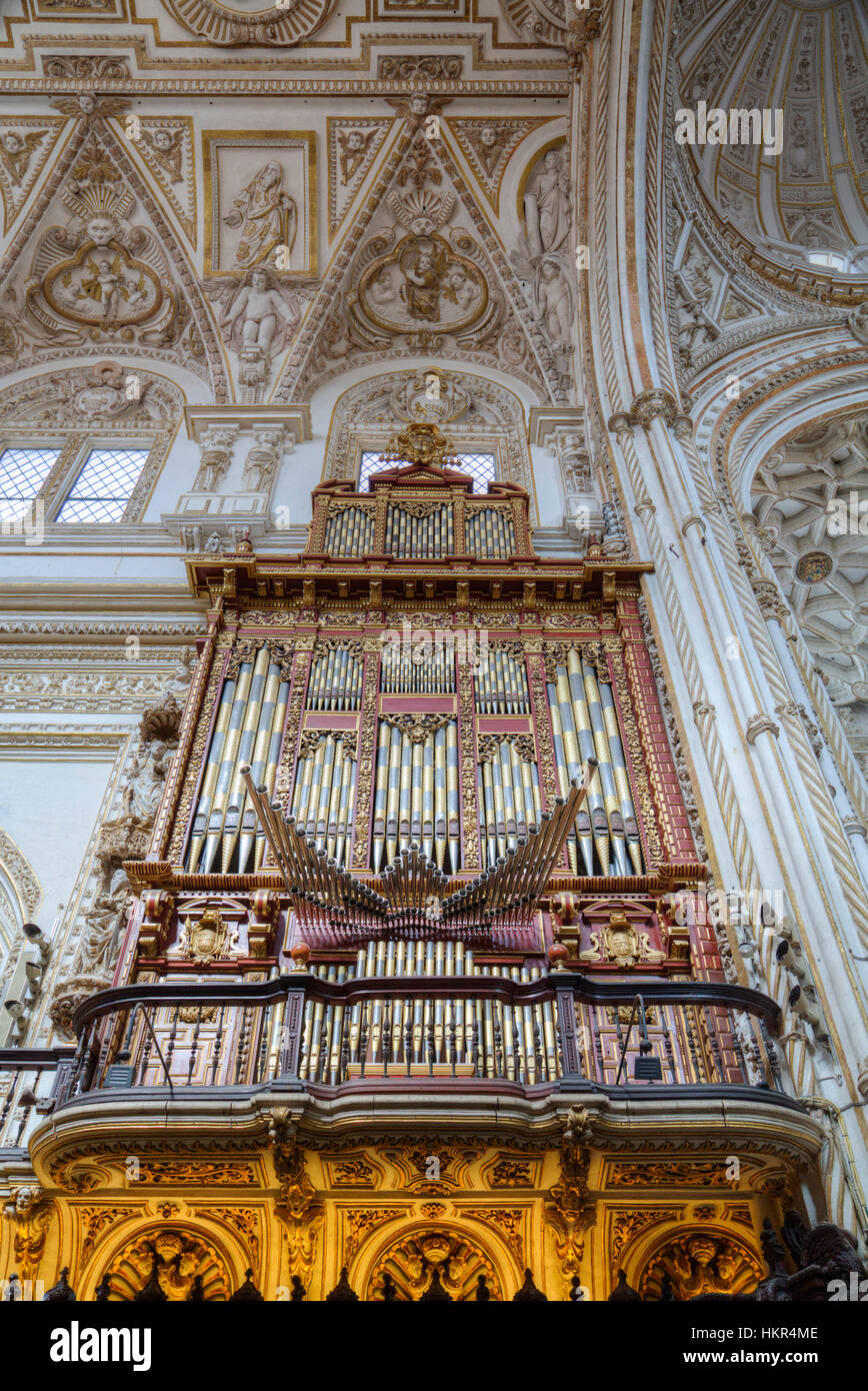 Cathedral Organ and Ceiling, The Great Mosque (Mosquita) and Cathedral of Cordoba, UNESCO World Heritage Site, Cordoba, Spain Stock Photo