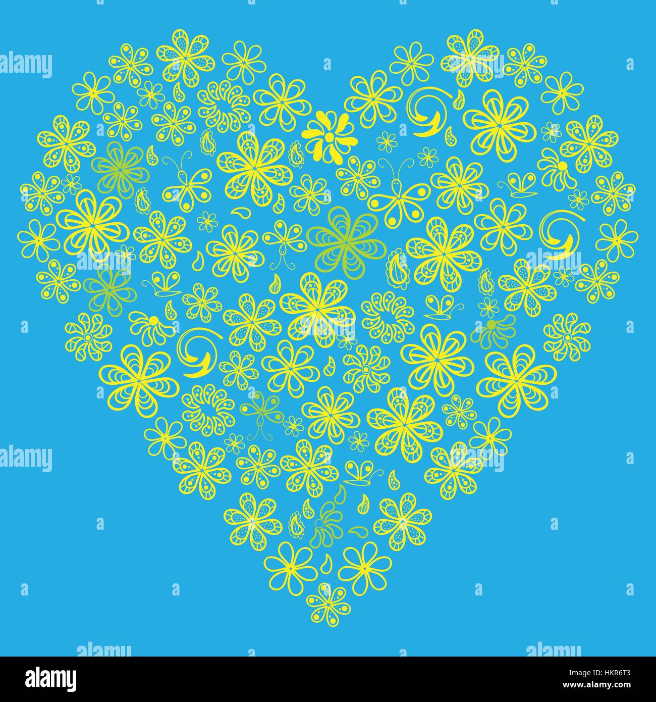 Love concept of lots of flowers in the shape of a heart on blue ...
