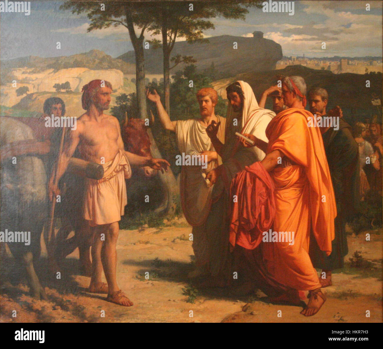 'Cincinnatus' by Alexandre Cabanel is an oil painting depicting the Roman general and statesman Lucius Quinctius Cincinnatus. Known for his leadership during the Roman Republic, the painting captures his return to farming after serving his country. Stock Photo