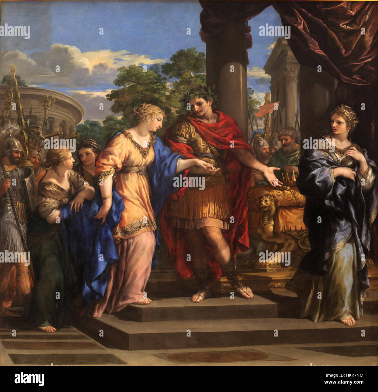 In Pietro de Cortona’s painting, Julius Caesar is shown bestowing the throne of Egypt upon Cleopatra, symbolizing the political alliance between Rome and Egypt during the 1st century BCE. Stock Photo