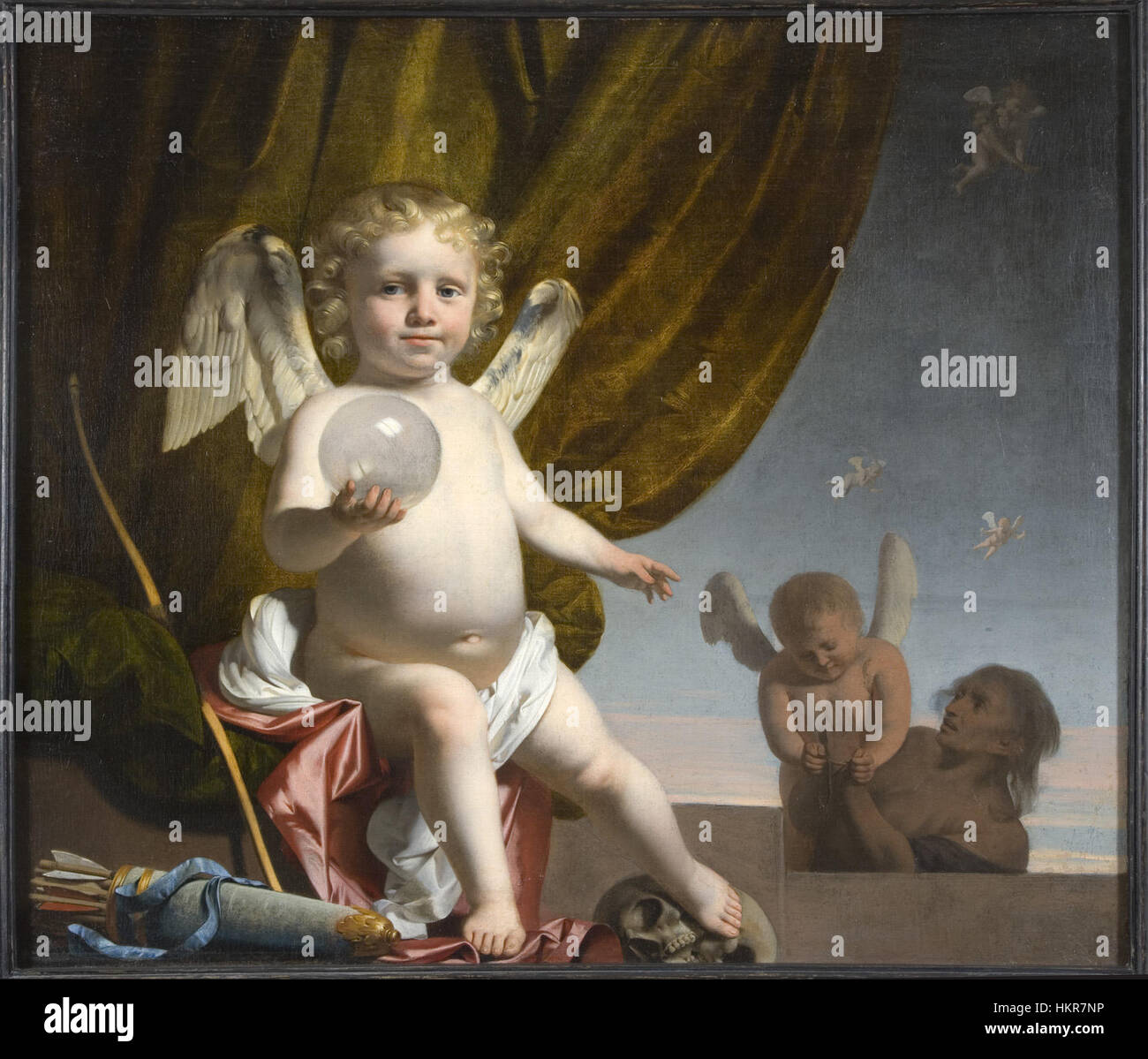 This painting by Caesar van Everdingen portrays Amor, the Roman god of love, holding a glass sphere. The artwork reflects the delicate, mythological symbolism and the artist's Baroque style. Stock Photo