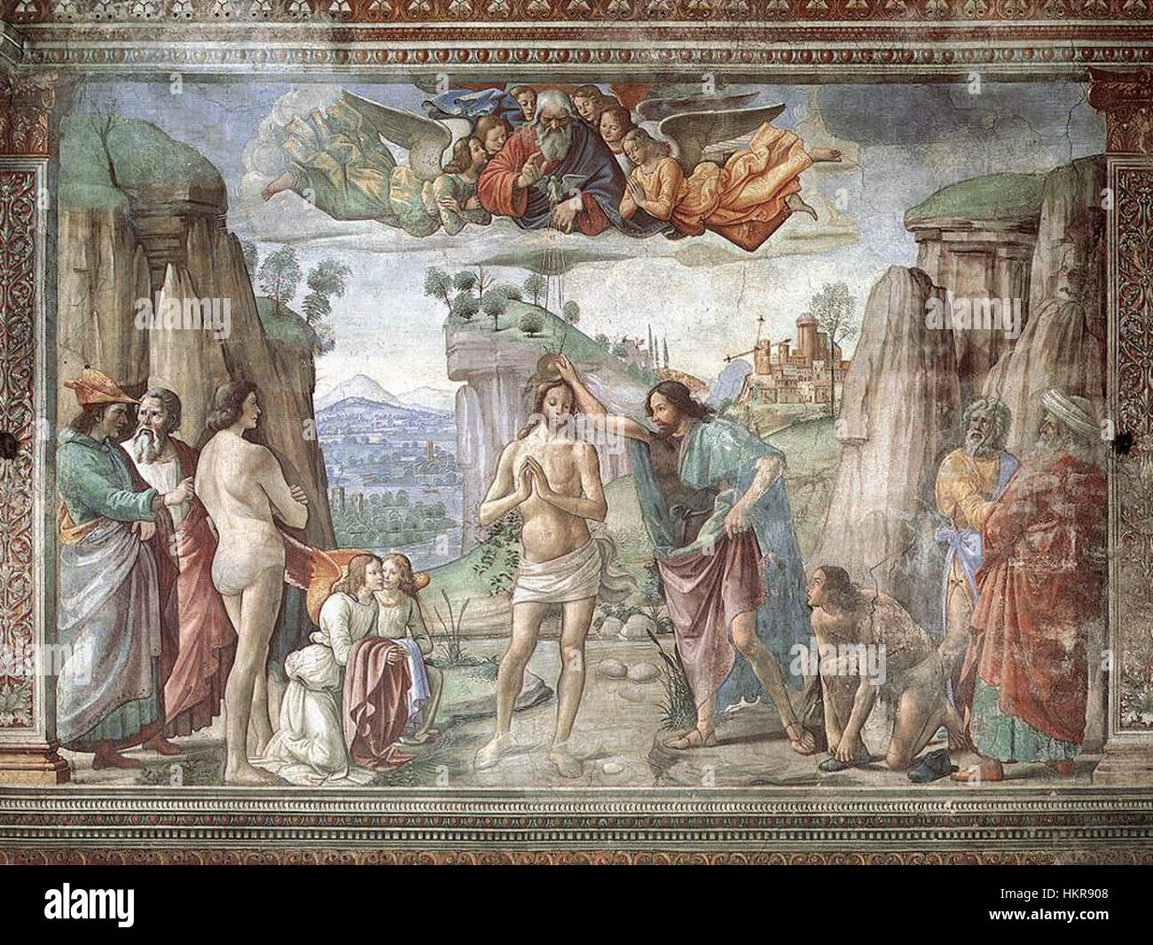 This artwork in the Cappella Tornabuoni depicts the Baptism of Christ ...