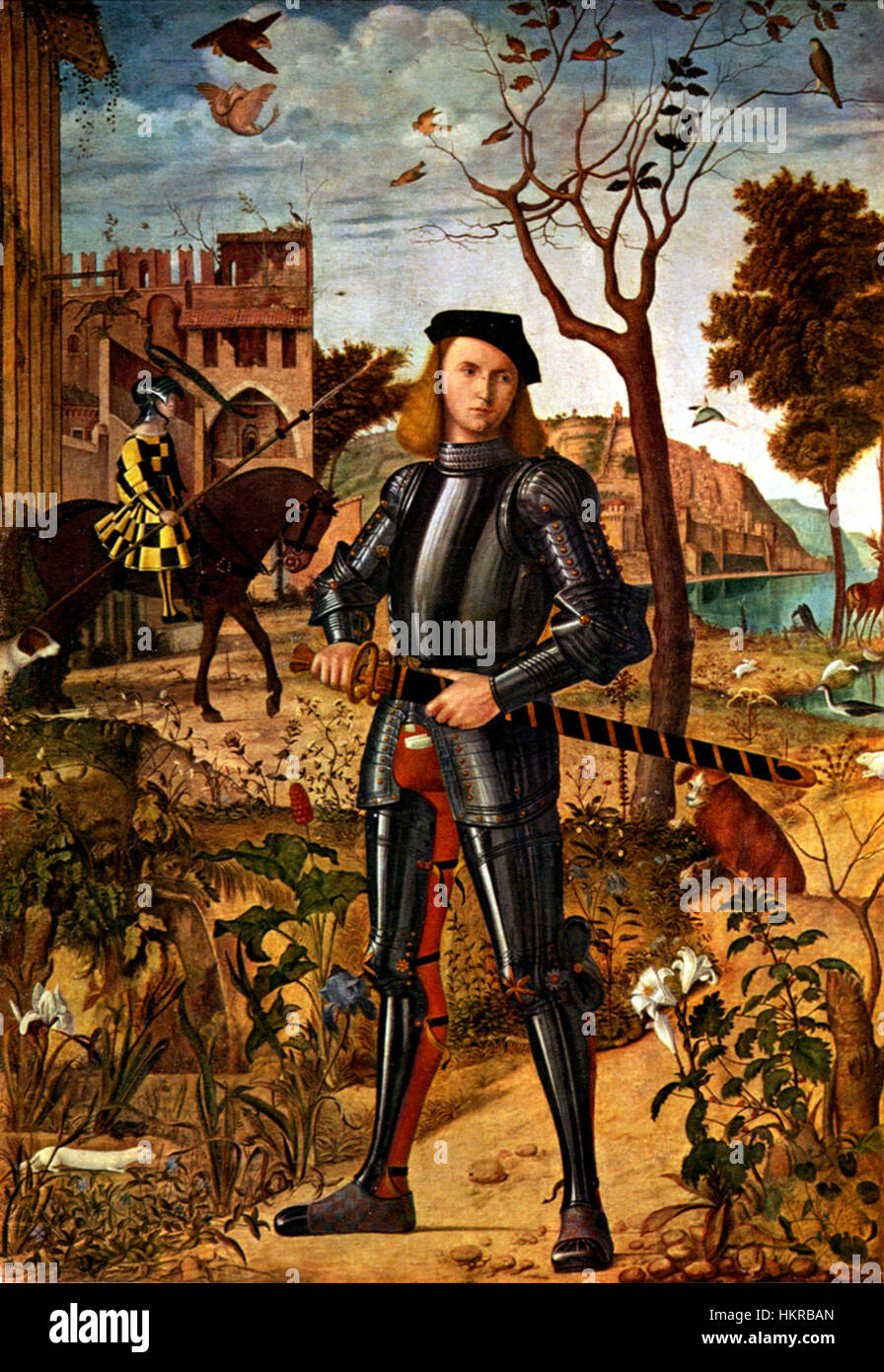Carpaccio - Young knight in a landscape - unrestored Stock Photo