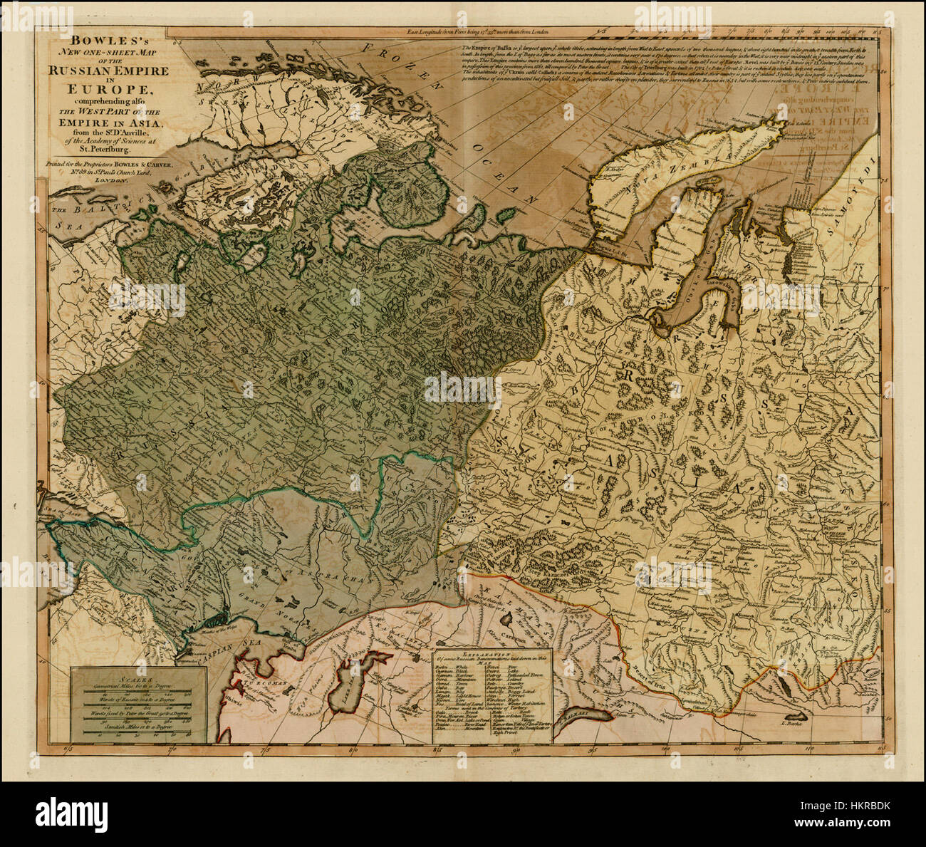 Carrington Bowles. Bowles's New One-Sheet Map of the Russian Empire In Europe, comprehending also the Empire in Asia. London 1785 Stock Photo