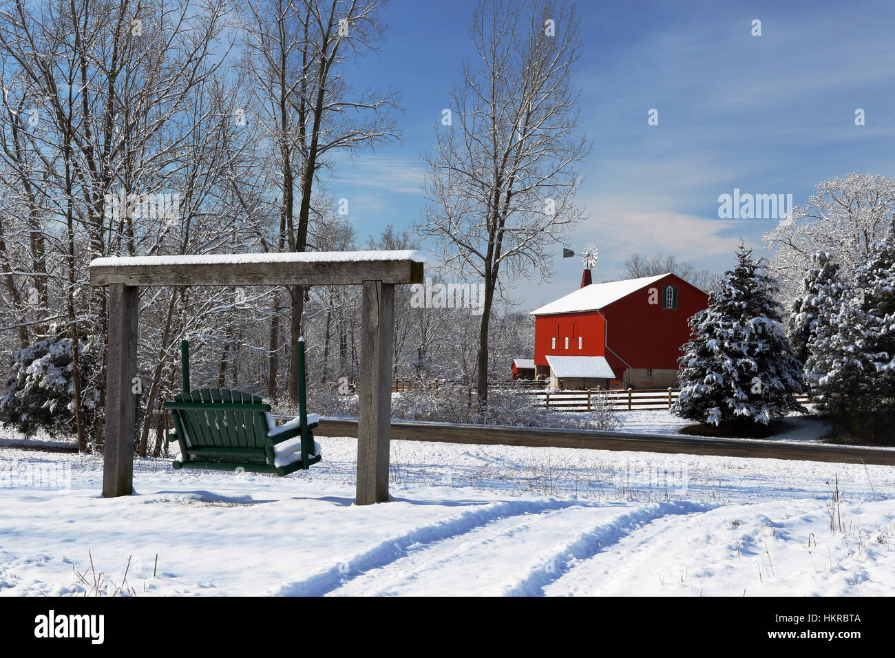 Red Barn In Winter Snow. Historic Barn. Old red barn at Daniel Arnold