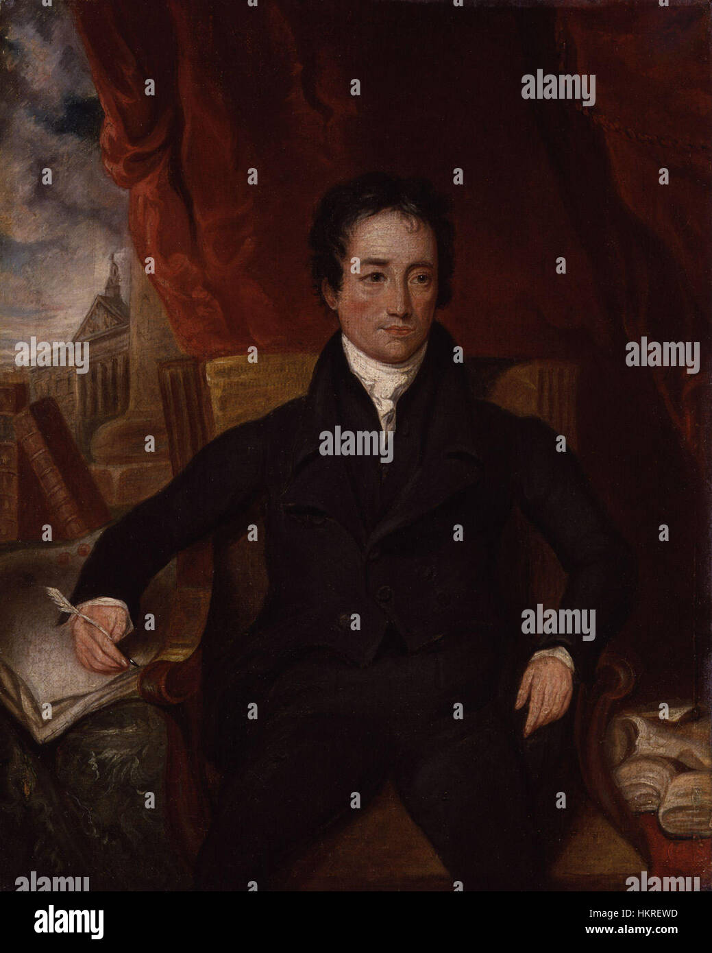 This portrait of Charles Lamb, painted by Henry Hoppner Meyer, portrays the famous English essayist and poet. The work reflects Lamb’s literary significance in the 19th century. Stock Photo