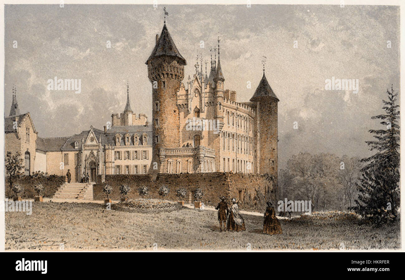 A painting of the Chateau de Bourbon-Busset, highlighting its grand architectural design and historical significance. The image offers a glimpse into the French aristocratic heritage and the legacy of the Bourbon family. Stock Photo