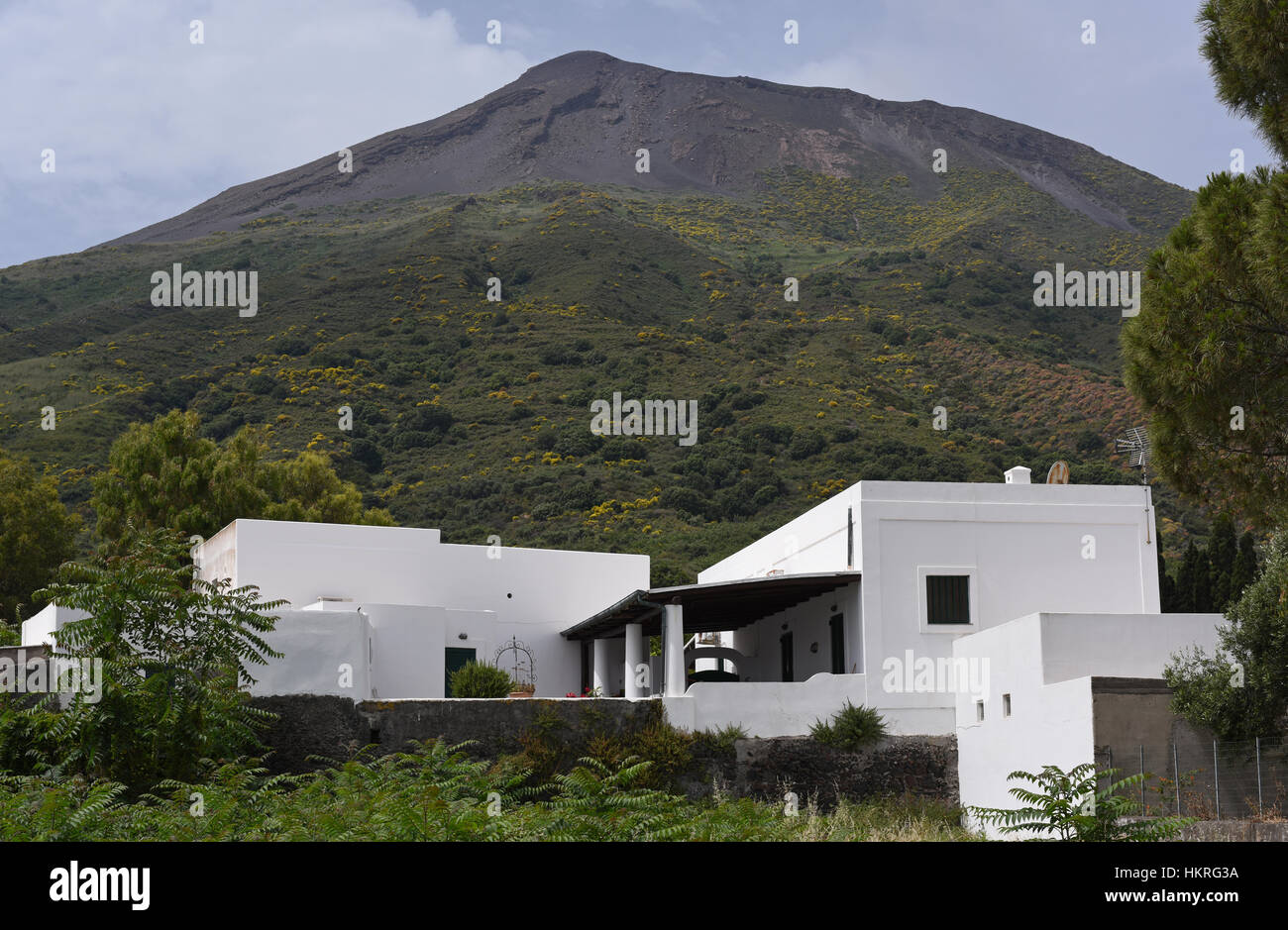 View of Stromboli behind white villa, Aeolian Islands Stock Photo
