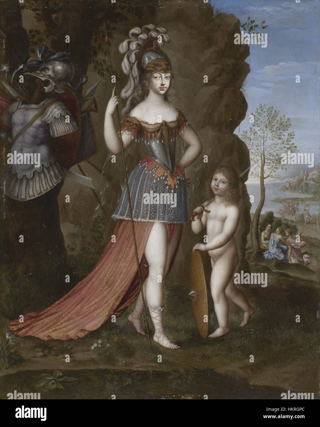 This oil painting depicts Christine of Savoy dressed as Minerva, the Roman goddess of wisdom and war. The portrait captures the regal and intellectual qualities of the queen consort, highlighting the artistic and cultural heritage of the Savoy dynasty. Stock Photo