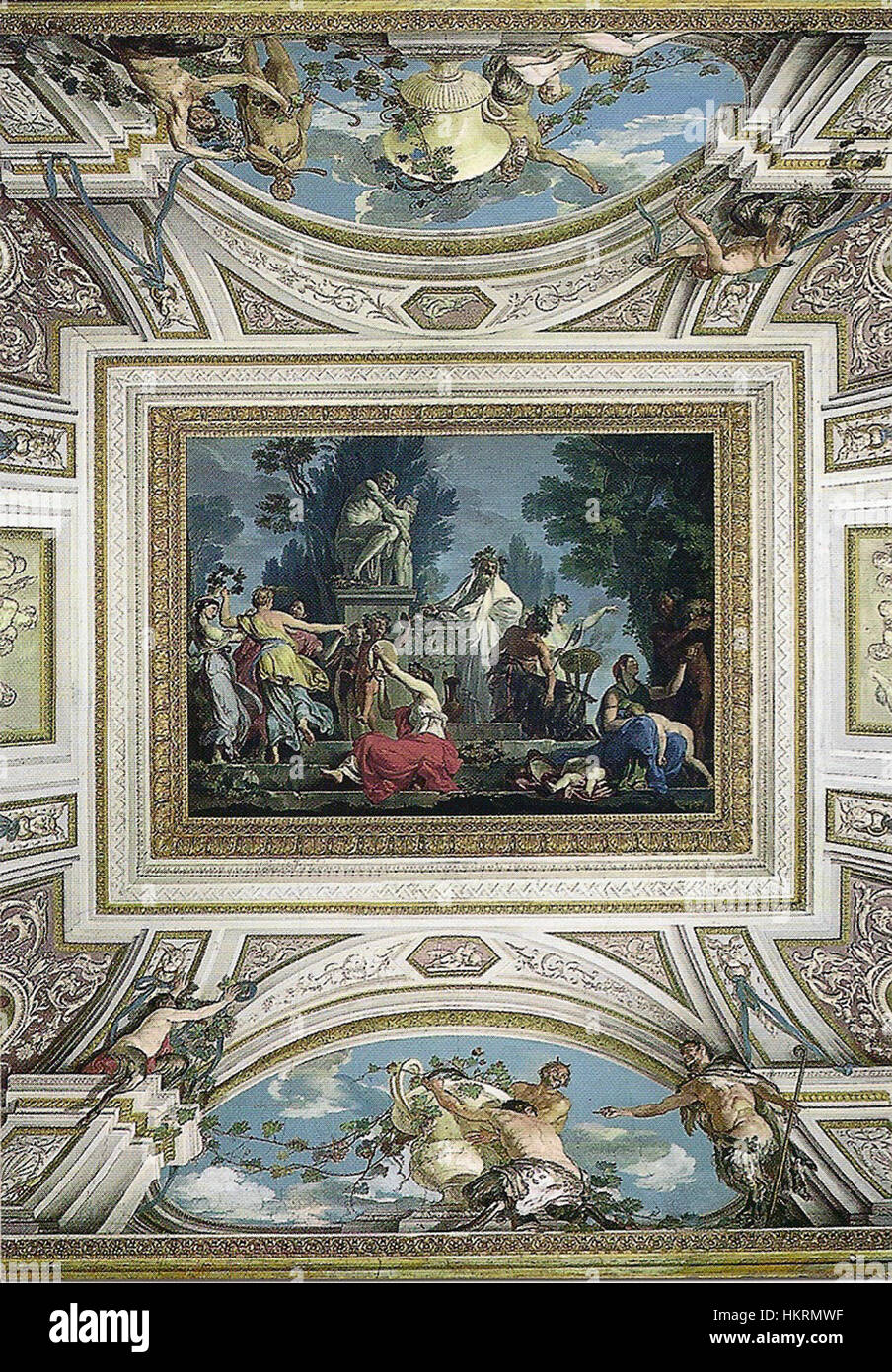 Tommaso Conca's painting 'Sacrificio a Sileno' (1775-1778) depicts a mythological scene involving the god Silenus. The artwork showcases Conca's mastery of classical themes and his skill in portraying dynamic figures and intricate details in a mythological context. Stock Photo