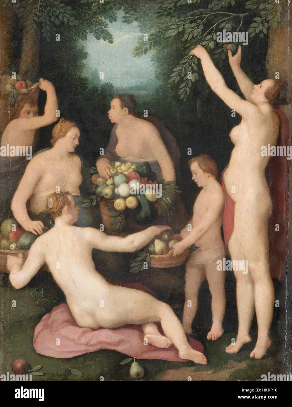Cornelis Cornelisz van Haarlem's 'Pomona Ontvangt de Fruitoogst' depicts the Roman goddess of fruit, Pomona, receiving her harvest. This painting reflects van Haarlem's mastery of mythological themes and his detailed portrayal of classical subjects in the Flemish Baroque style. Stock Photo