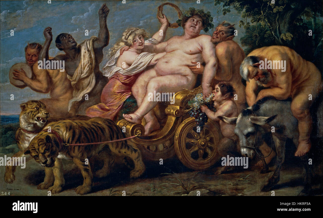 Cornelis de Vos' 'El triunfo de Baco' (The Triumph of Bacchus) depicts the Roman god Bacchus surrounded by revelers and nature, symbolizing the god of wine and revelry. The painting reflects 17th-century Flemish Baroque style. Stock Photo