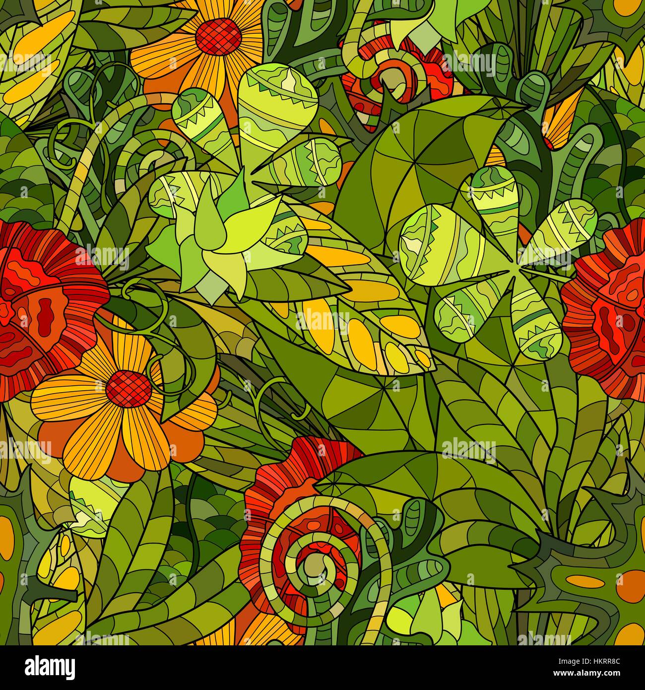 hand drawn vector floral seamless pattern with leaves and flowers Stock ...