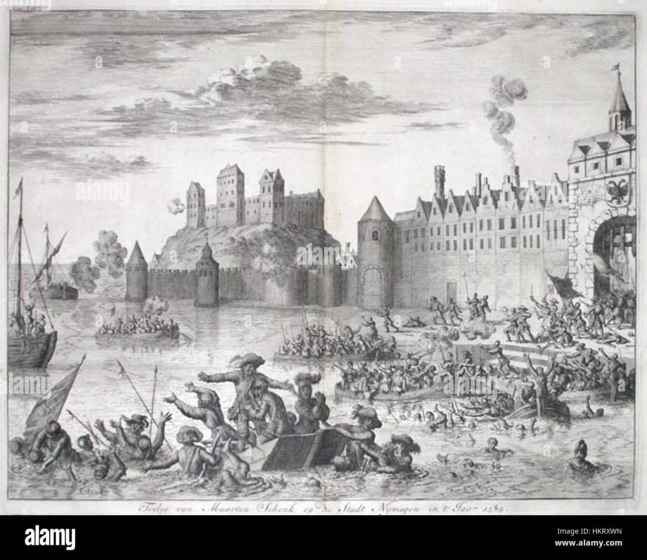 The painting 'Death of Martin Schenck' captures the dramatic and tragic moment of the death of Martin Schenck, a historical figure involved in 16th-century European conflicts. The artwork depicts the chaos and emotion surrounding his demise. Stock Photo