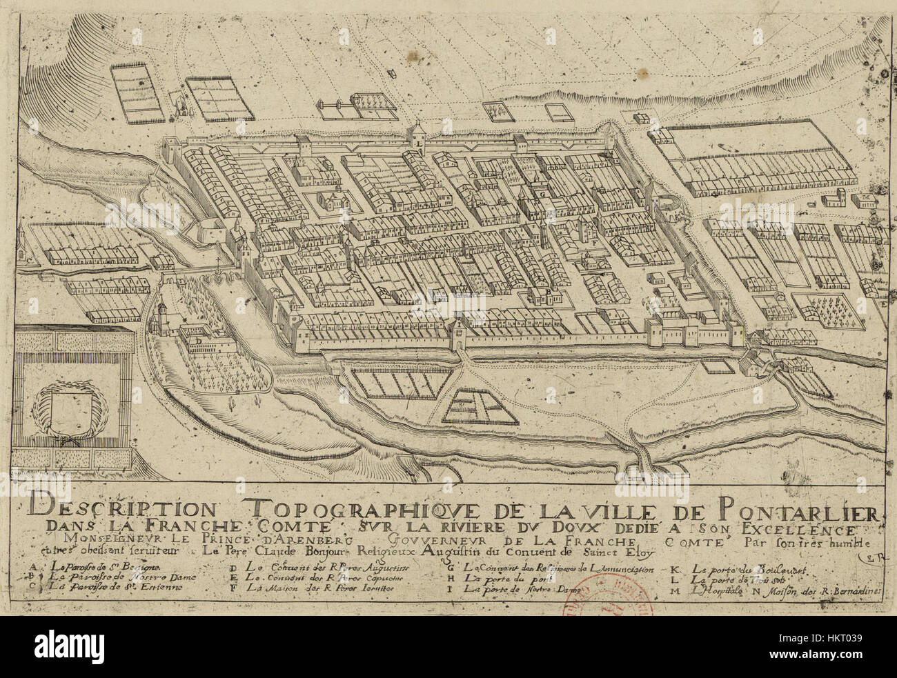 This 1700s topographical depiction of Pontarlier, France, by Claude Bonjour provides a detailed look at the city’s architecture and layout during the early 18th century. Stock Photo