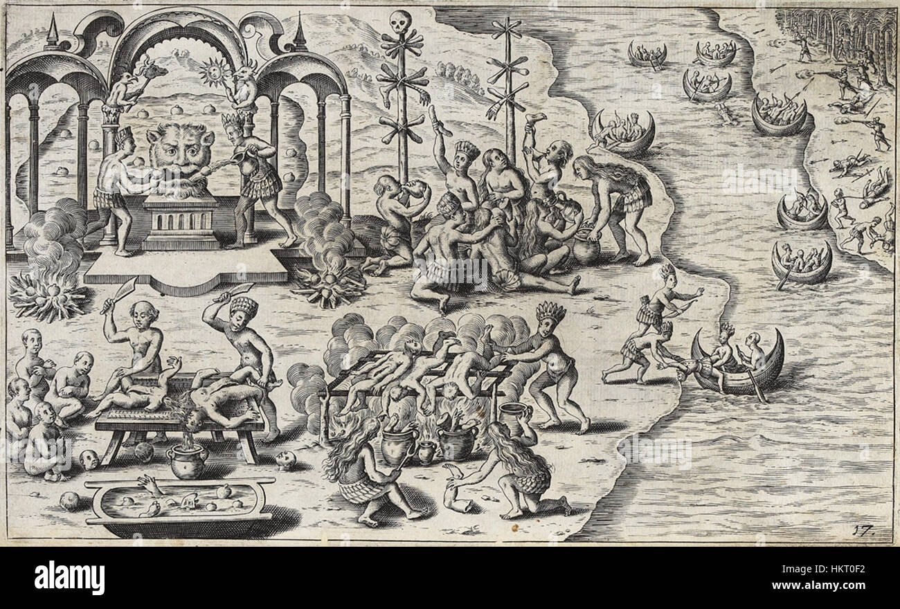 Devil worship and cannibalism in South America, by Caspar Plautius, 1621 Stock Photo