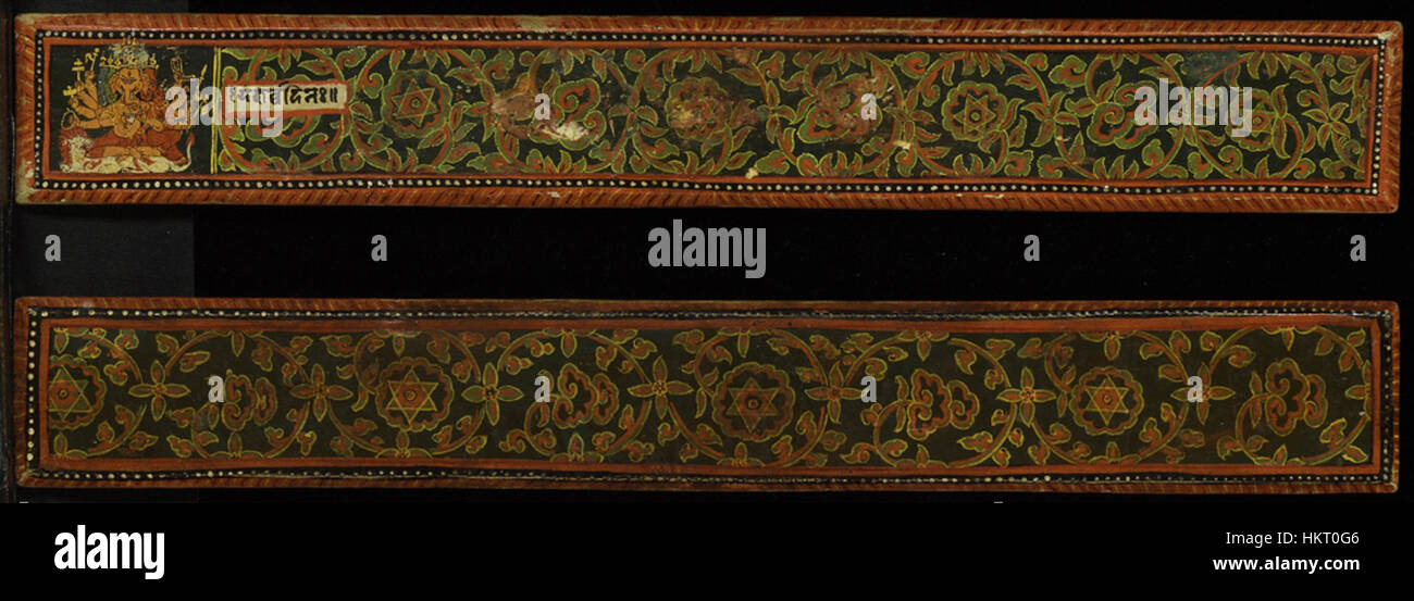 The Devimahatmya manuscript covers, a pair of intricately designed covers, date back to ancient India. The manuscript is an important text in Hindu mythology, narrating the story of the goddess Durga and her victory over demons. These covers are preserved in the San Diego Museum of Art. Stock Photo