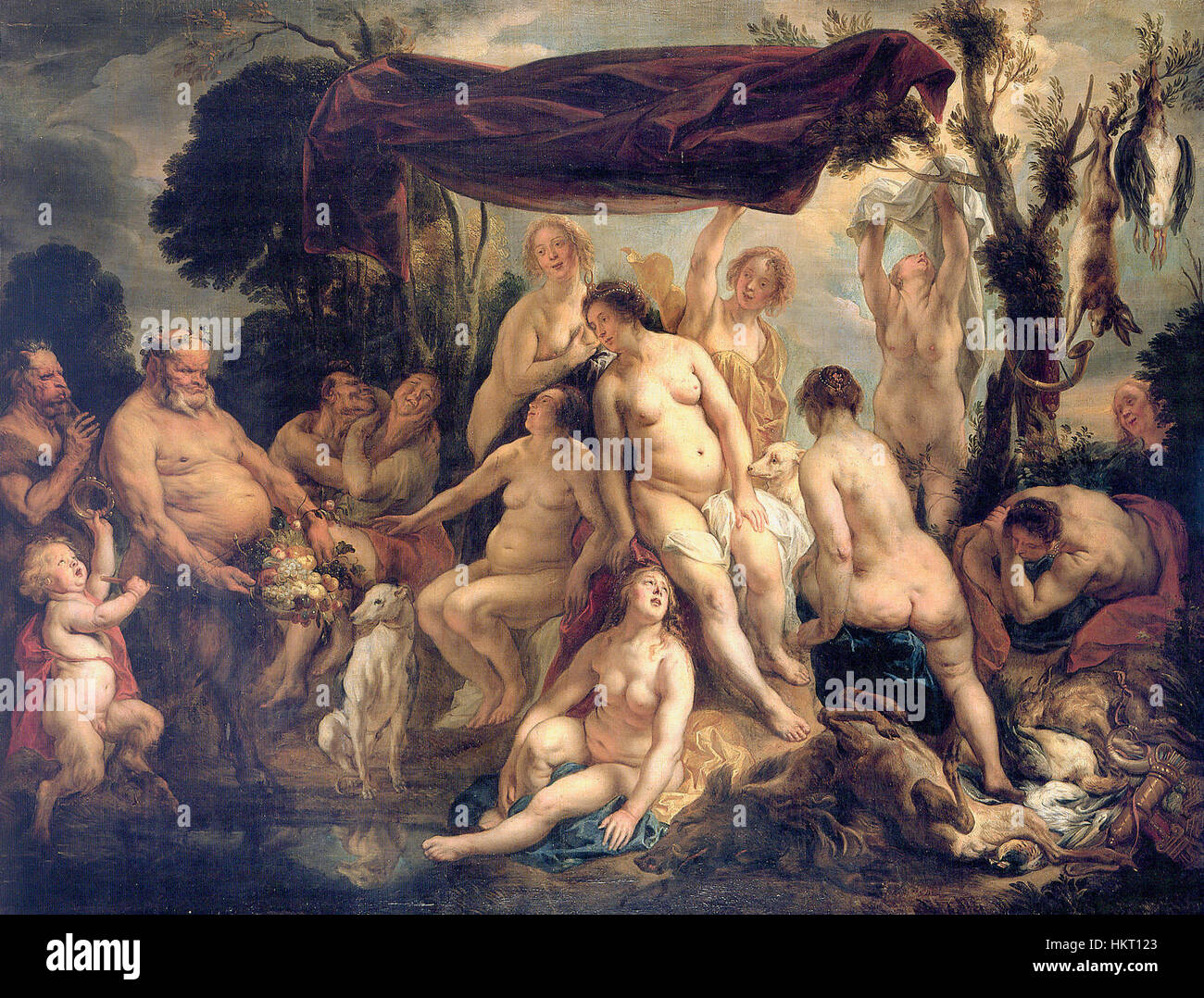 This oil painting by Jacob Jordaens portrays Diana, the Roman goddess of the hunt, resting after a day’s hunt. The artwork captures her serene yet powerful nature, emphasizing the classical beauty of the goddess. Stock Photo