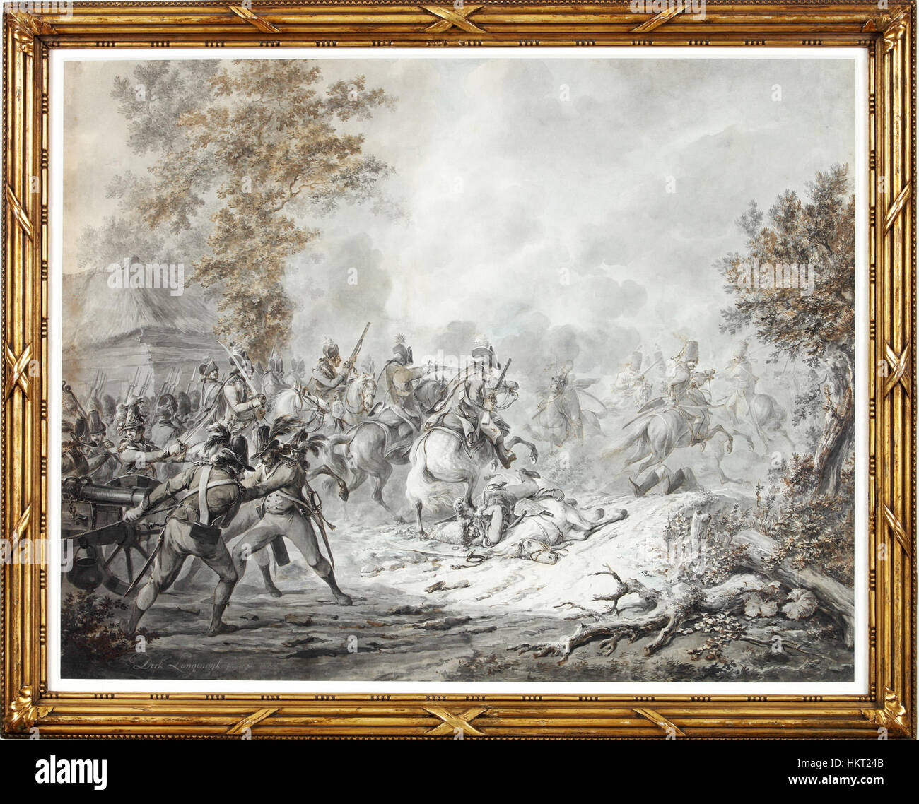 Dirk Langendijk’s 'A Cavalry Charge' from 1794 portrays a dynamic military scene featuring cavalry in battle. The painting highlights Langendijk's skill in depicting motion and the intensity of warfare, typical of his works focusing on military themes. Stock Photo