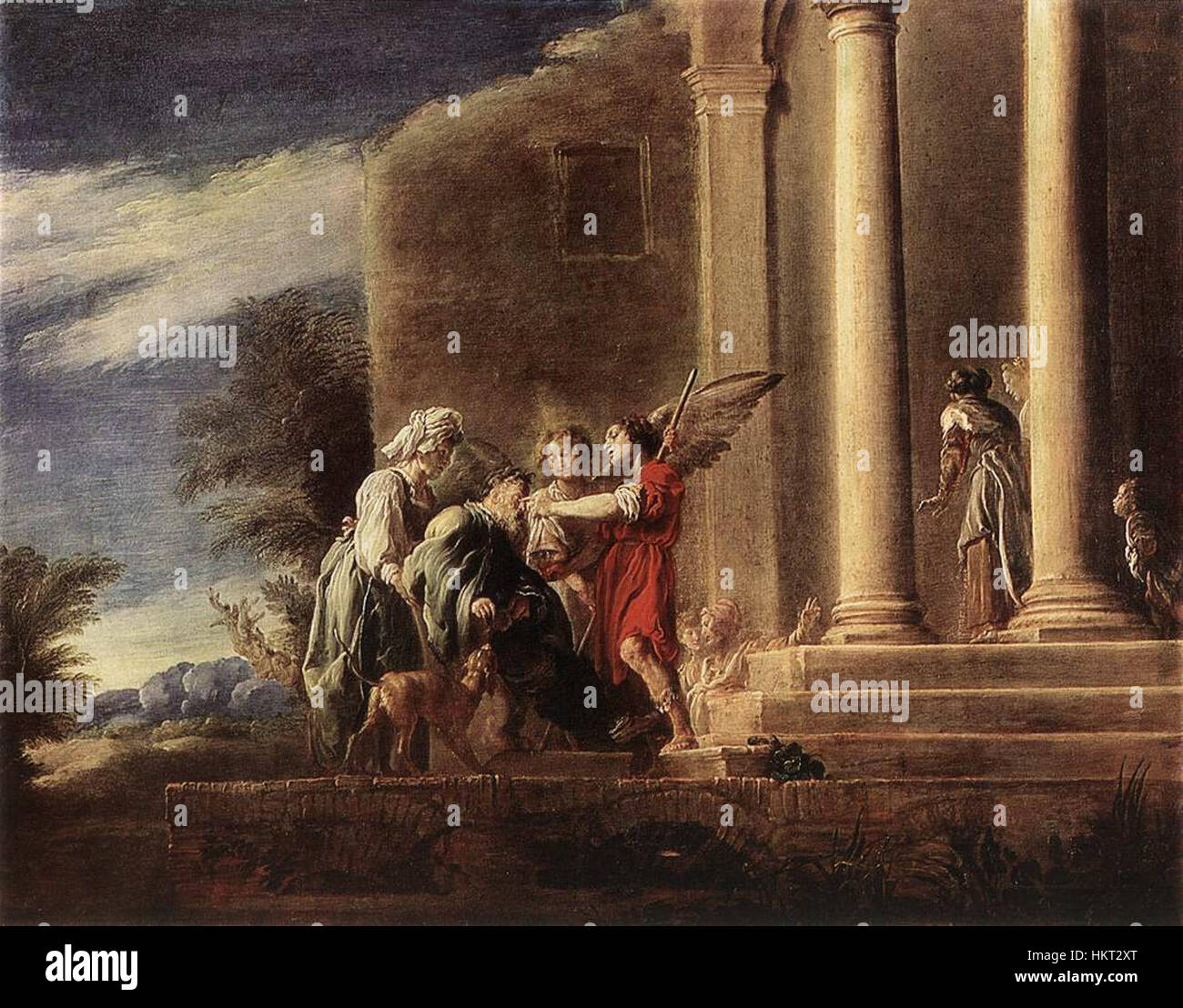 Domenico Fetti's 'Tobias Healing His Father' portrays the biblical story of Tobias healing his father, illustrating both the narrative and the artist's skill in religious depiction. Stock Photo