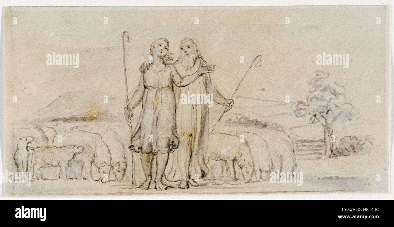This drawing, part of the design for Virgil's 'The Pastorals,' depicts Colinet and Thenot, two figures from the classical work, standing together and conversing with sheep behind them. The design exemplifies the pastoral and serene themes of Virgil’s writing. Stock Photo