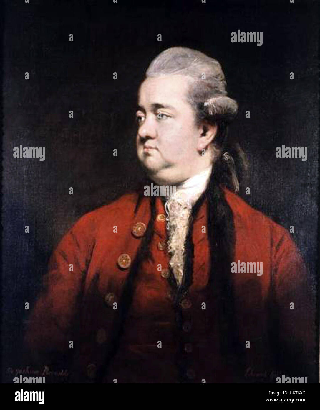 Edward Gibbon, the renowned historian, is depicted in this 18th-century portrait. Known for his work on 'The Decline and Fall of the Roman Empire,' this painting captures his distinguished appearance and intellectual presence. Stock Photo