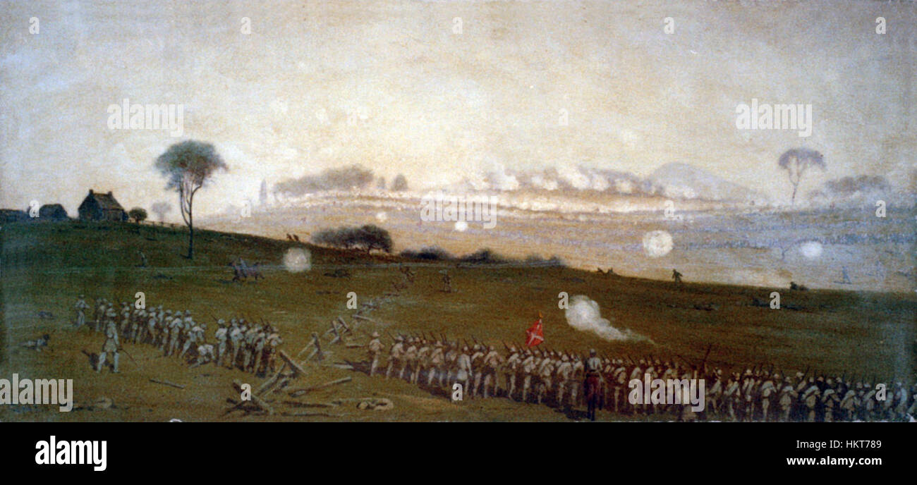 This painting by Edwin Forbes captures the intensity of Pickett's Charge, a pivotal moment in the Battle of Gettysburg during the American Civil War. It shows Confederate soldiers charging towards Union lines, symbolizing the bravery and tragedy of the battle. Stock Photo