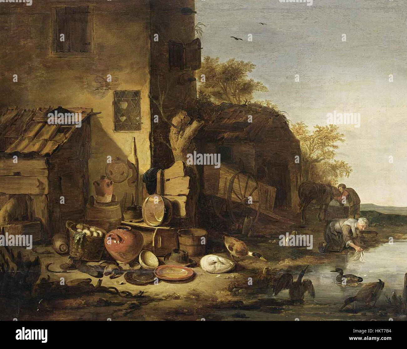 Egbert van der Poel's 'Cottage with a Still-Life of Kitchen Utensils' is a 17th-century oil painting showcasing a rustic interior scene. The still life features everyday kitchen items, reflecting the artist's skill in capturing ordinary objects with rich detail and texture. The piece embodies van der Poel's mastery of domestic settings, offering a glimpse into daily life during the Dutch Golden Age. Stock Photo