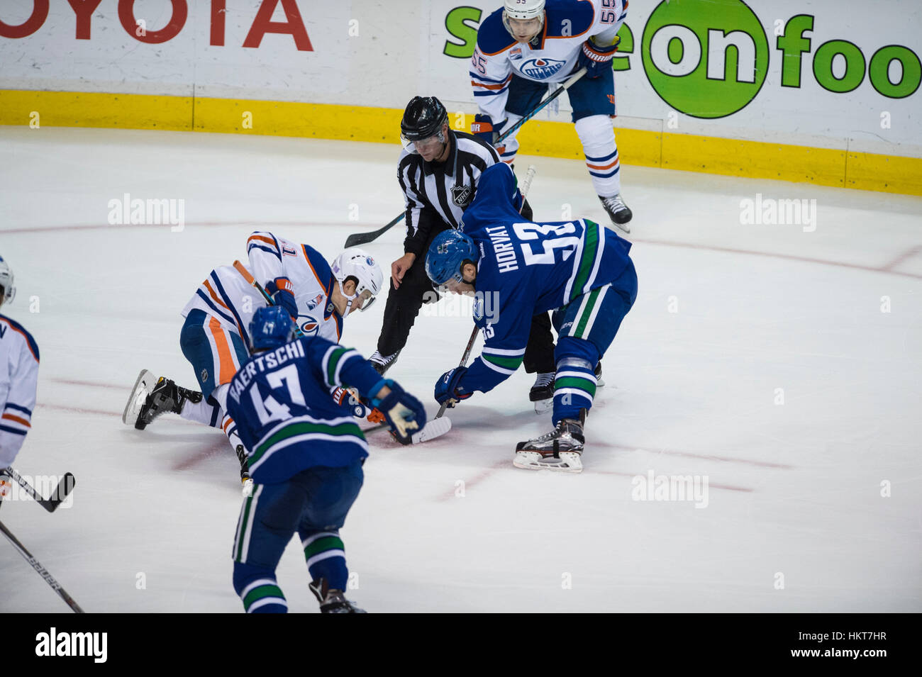 Edmonton Oilers and Vancouver Canucks have a faceoff, Rogers Arena Vancouver British Columbia Stock Photo