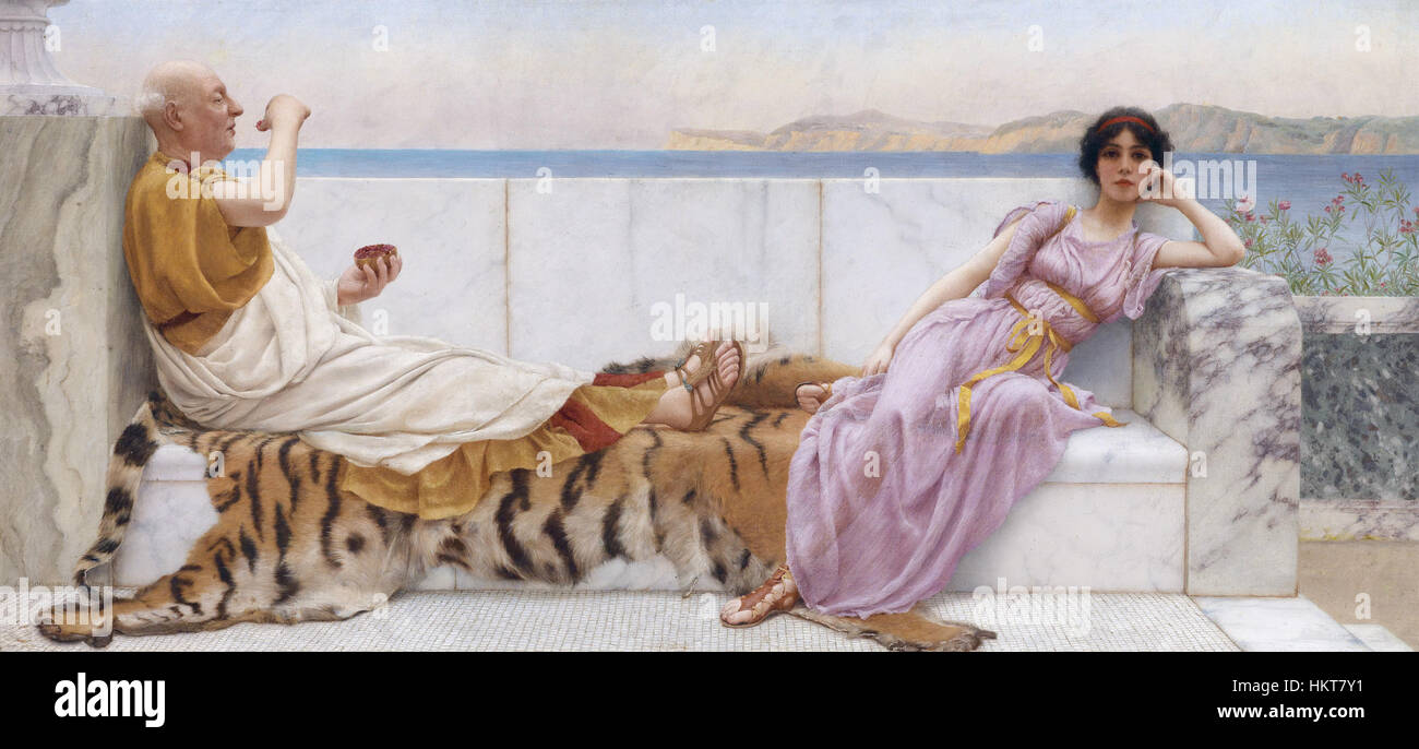 'Eighty and Eighteen' by John William Godward depicts a young woman and an older man in a classical setting. Godward’s attention to detail in his portrayal of Roman-inspired architecture and clothing reflects his mastery in capturing the beauty of ancient history and the human form. Stock Photo