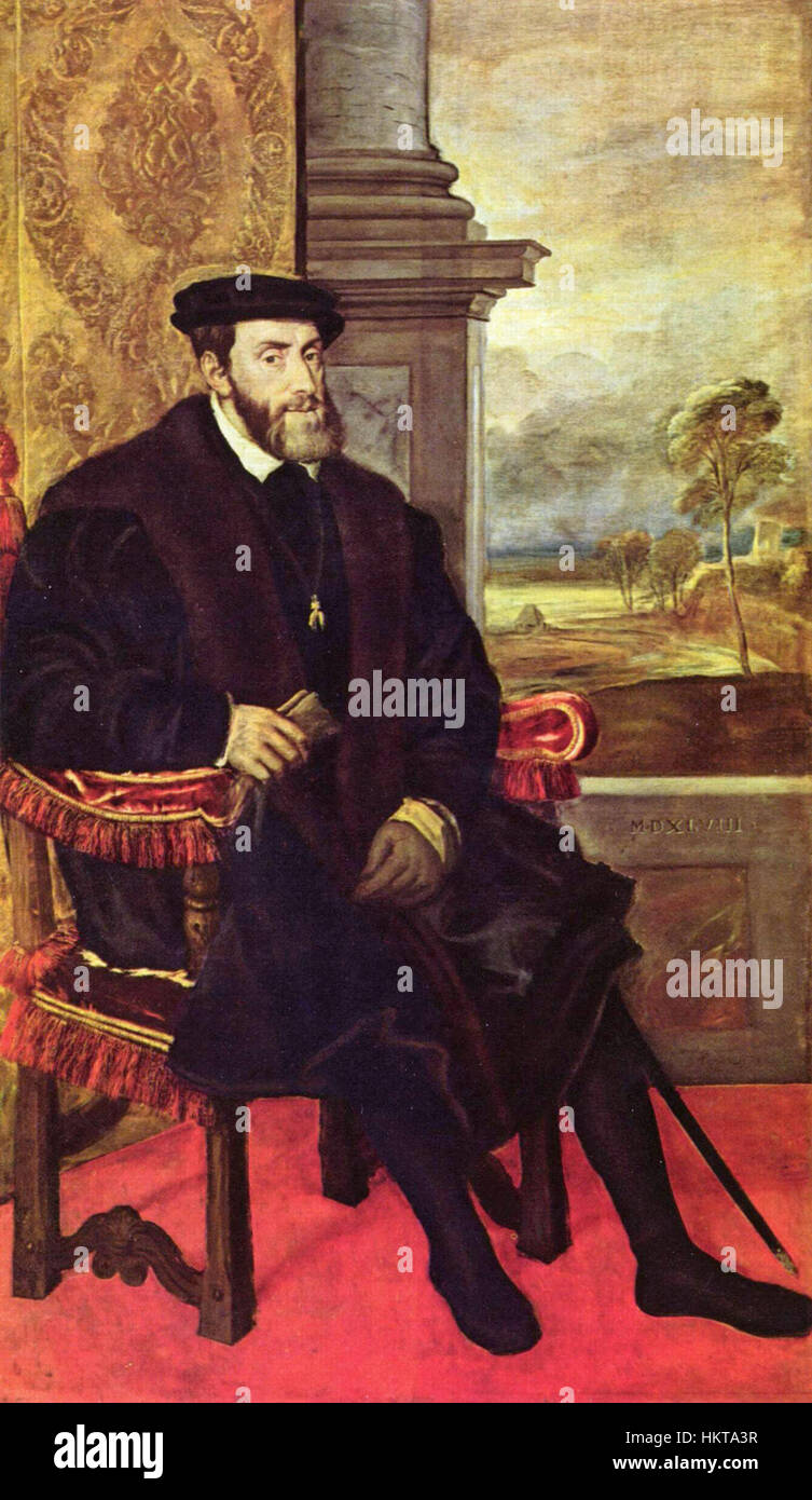 'Emperor Charles V' by Titian is a majestic portrait of the Holy Roman Emperor Charles V. The painting highlights his royal regalia, confident demeanor, and imperial power, capturing the essence of his reign during the 16th century. Stock Photo