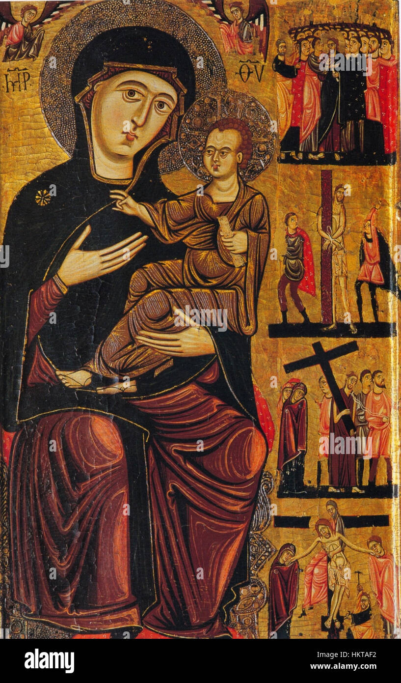 Enrico di Tedice. Madonna col Bambino, due angeli e storie della Passione, 110z71cm, Firenze, Museo del Bargello Stock Photo
