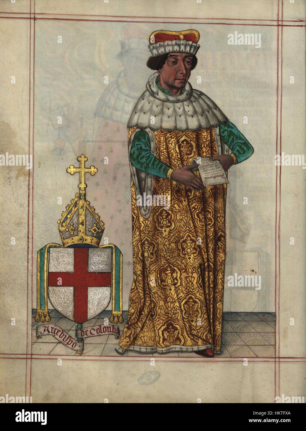 ‘Fl-31v Livro do Armeiro-Mor’ is a page from a historical manuscript of the Archbishop of Cologne, illustrating the medieval armory. The artwork details the heraldic symbols and armor designs of the time. Stock Photo