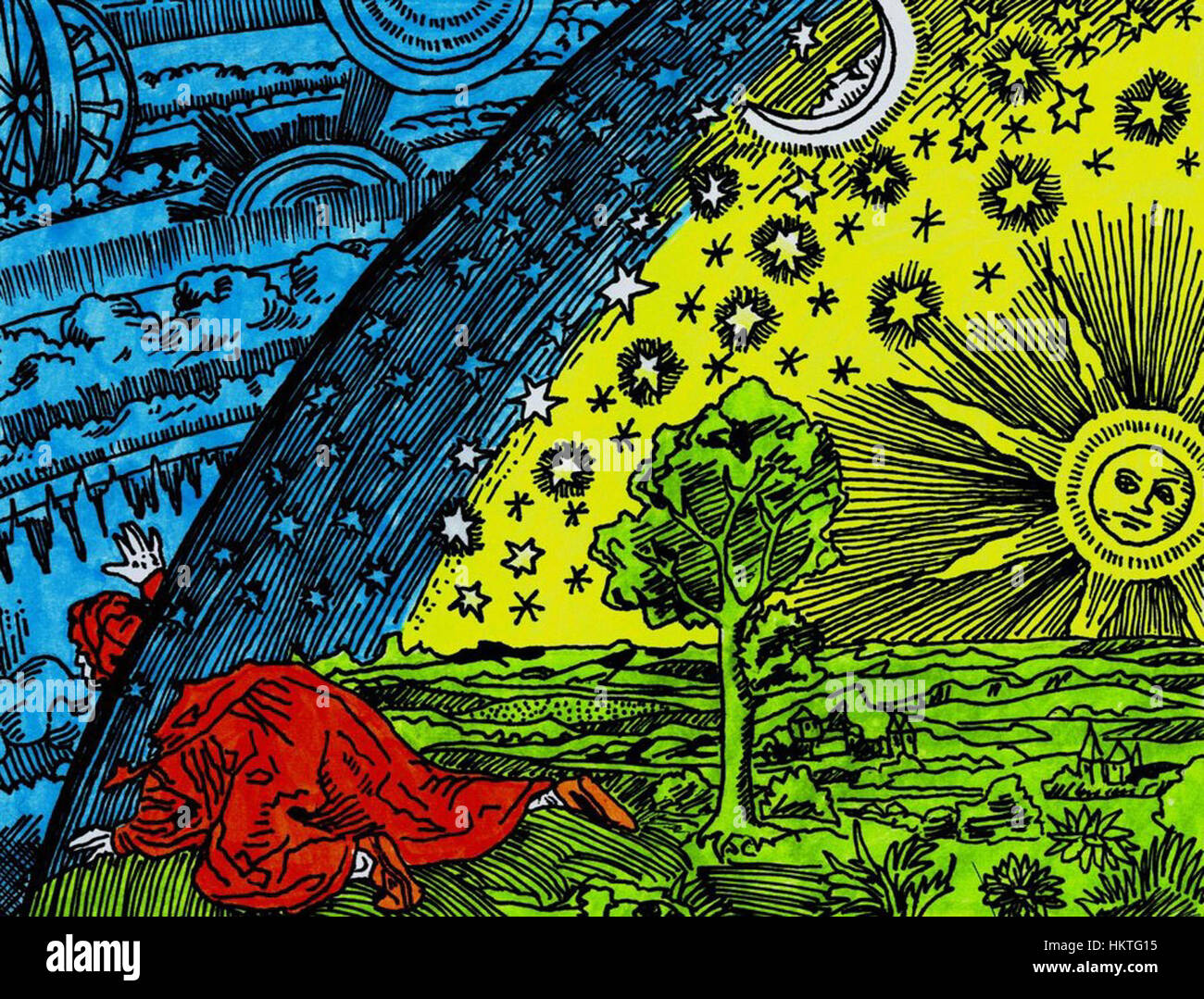 The 1888 color woodcut by Camille Flammarion illustrates a vivid celestial scene, depicting the cosmos as imagined during the late 19th century. This print symbolizes the period's fascination with astronomy and space, merging artistic vision with scientific curiosity. Stock Photo