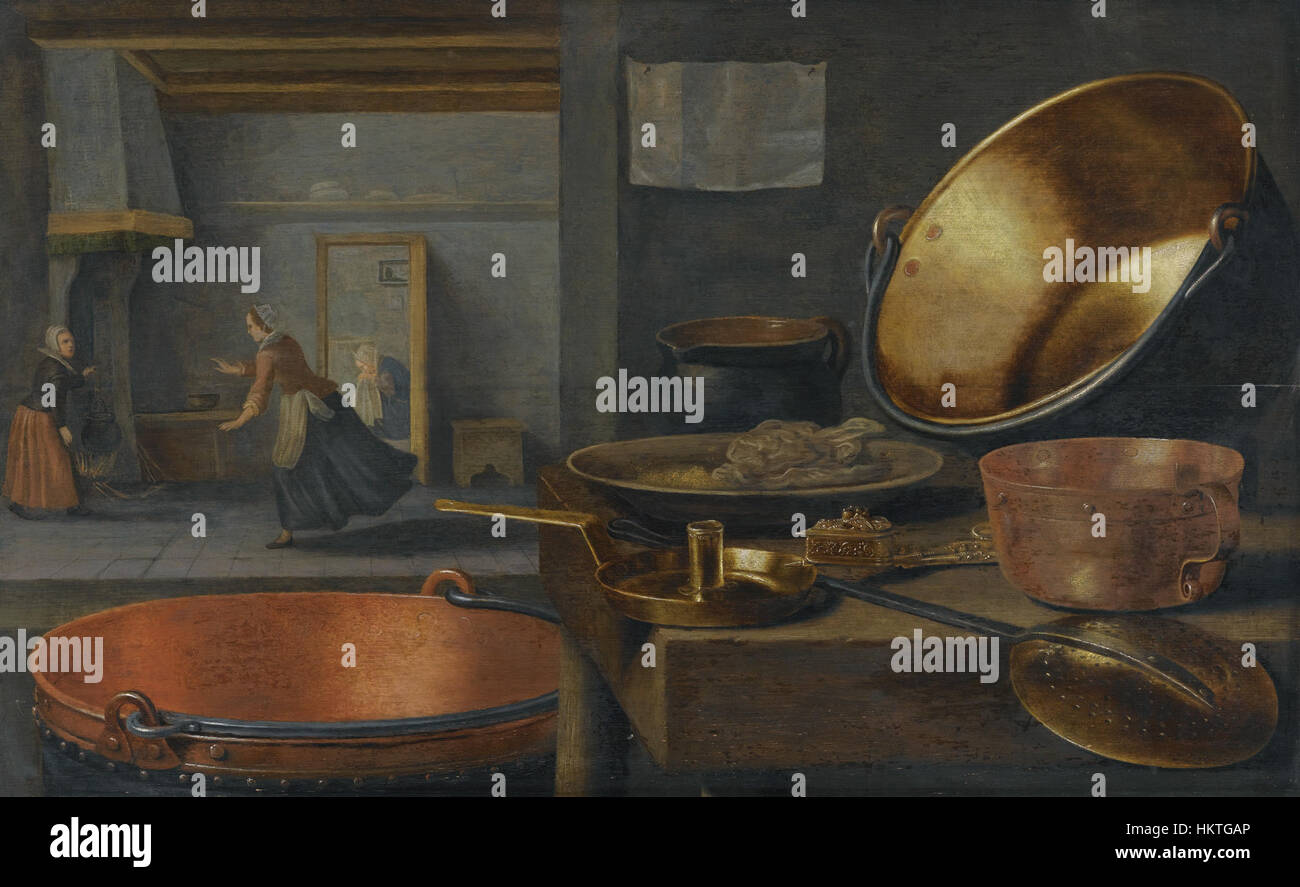 Floris van Schooten - A kitchen still life with pots and pans on a stone ledge and animated figures in the background Stock Photo