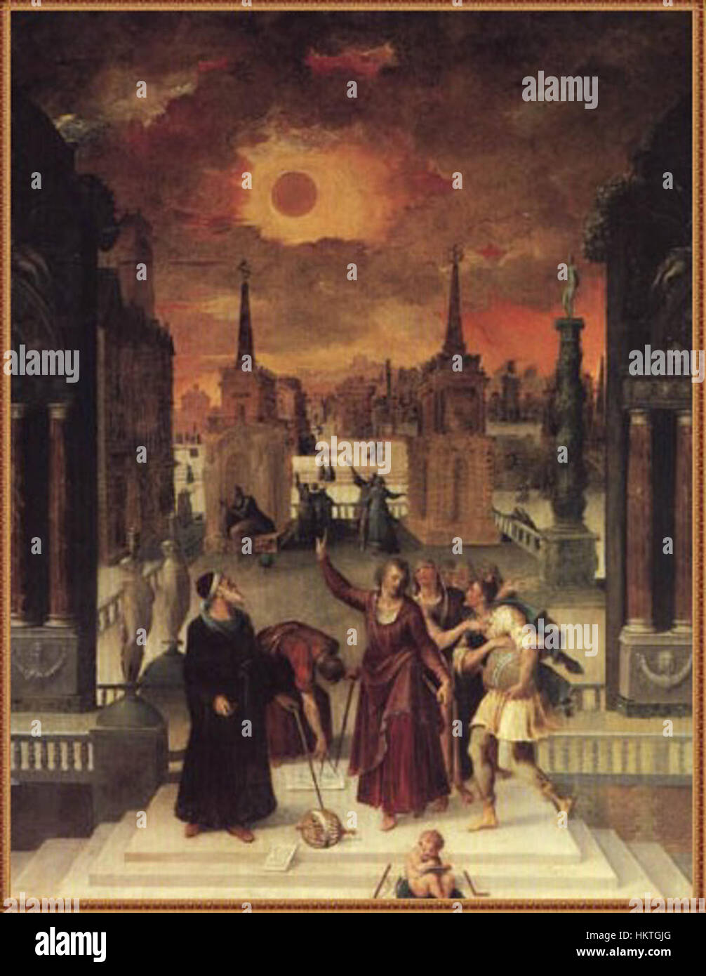 This painting by Antoine Caron depicts astronomers observing a solar eclipse, reflecting the scientific interest in celestial events during the Renaissance. The work highlights the intersection of art and science in early modern Europe. Stock Photo
