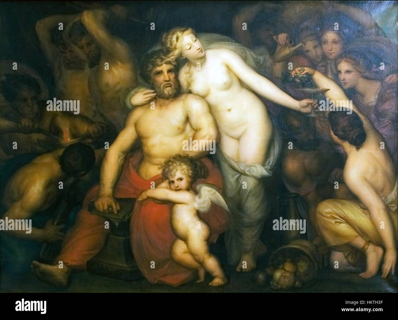 'Forge of Vulcan' is a classical painting depicting the Roman god of fire and blacksmithing, Vulcan, at work in his forge. The work captures the intensity and power of the mythological figure in action, showcasing the artist’s skill in mythological art. Stock Photo